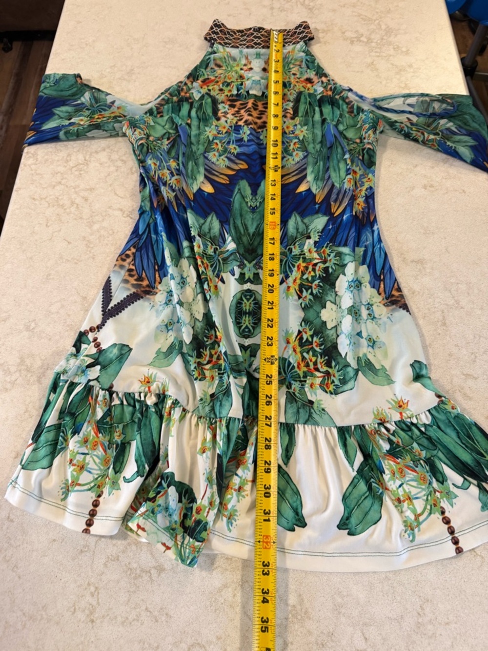 Tropical Floral Cold-Shoulder Dress — Blue & Green